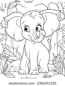 Coloring Page Of Cartoon Baby Elephant Vector Illustration for Coloring Book, Hand drawn vector coloring page of cartoonish baby elephant. Coloring page for kids and adults.