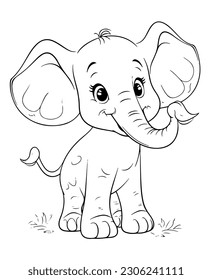 Coloring Page Of Cartoon Baby Elephant Vector Illustration for Coloring Book, Hand drawn vector coloring page of cartoonish baby elephant. Coloring page for kids and adults.