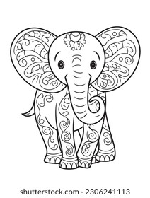Coloring Page Of Cartoon Baby Elephant Vector Illustration for Coloring Book, Hand drawn vector coloring page of cartoonish baby elephant. Coloring page for kids and adults.
