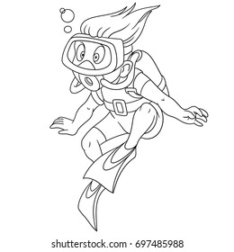 Coloring page of cartoon boy diving into water. Coloring book design for kids and children.