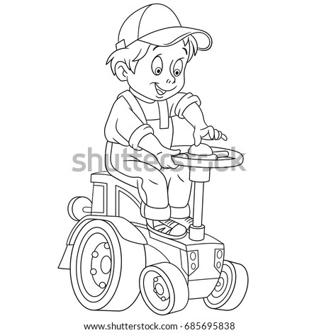 coloring page cartoon boy driving tractor stock vector