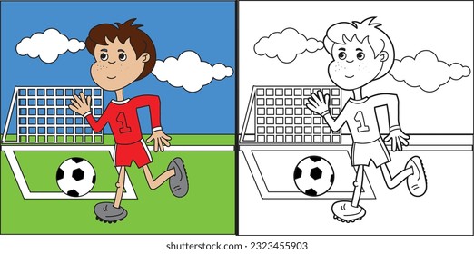 Coloring page of a Cartoon Boy playing Football, or Soccer. Illustration for coloring page for kids
