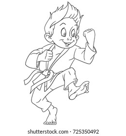 Coloring page of cartoon boy practicing karate. Coloring book design for kids and children.