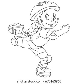 Coloring page. Cartoon boy roller skating. Vector illustration for kids and children.