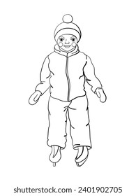 Coloring page of a cartoon boy skating. Childish design for children's coloring book about winter sports.