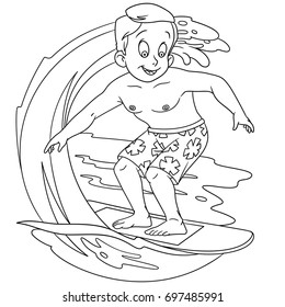 Coloring page of cartoon boy surfing on waves. Coloring book design for kids and children.