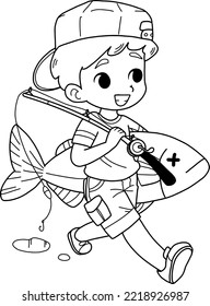 coloring page cartoon boy walking holding a big fish and fishing rod,vector illustration