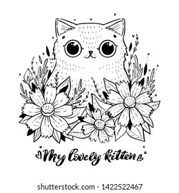 Coloring page with cartoon cat with cosmos flowers with lettering My lovely kitten.. Print for clothes. Coloring book for adults and children.