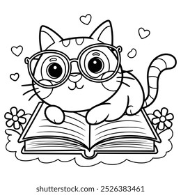 A coloring page a cartoon cat with glasses reading a book
