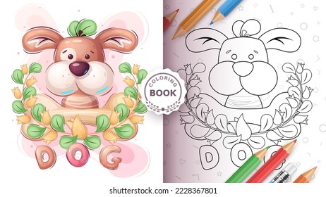 Coloring page cartoon character adorable dog, pretty animal idea for print t-shirt, poster and kids envelope, postcard. Cute hand drawn style puppy. Vector eps 10