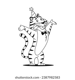 Coloring page. Cartoon cheerful happy tiger isolated on white background. Funny wild cat in party hat for kids preschool activity. Black and white outline sketch. Coloring book vector illustration.