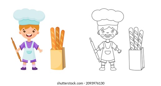 Coloring page of cartoon chef with baguette and rolling pin. Little chef or scullion in an apron and chef's hat. Profession. Coloring book for children.