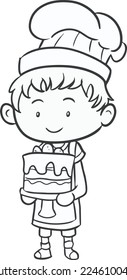 coloring page of cartoon cheif with cake.Little chef or scullion in an apron and chef's hat. Profession. Coloring book for children. Vector illustration stock illustration