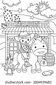 Coloring Page of cartoon cowboy with his horse. Coloring book for kids. Saloon