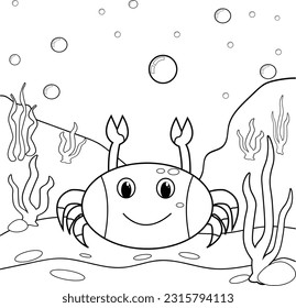 Coloring page of a Cartoon Crab underwater. Illustration for coloring page for kids