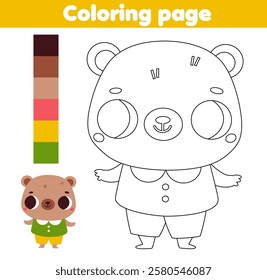Coloring page with cartoon cute bear. Animals theme Drawing kids activity. Printable fun worksheet for toddlers and children