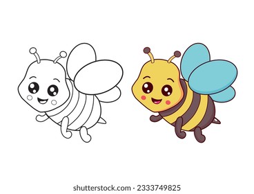 Coloring page with a cartoon cute camel. Line drawing and example painted colorful animal. Animal clipart with funny characters. Children education activity page and worksheet. 