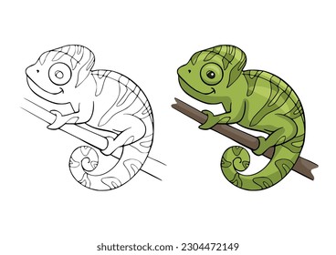 Coloring page with a cartoon cute chameleon. Line drawing with an example of a painted colorful lizard. Animal clipart with funny characters. Kids education activity page and worksheet. 