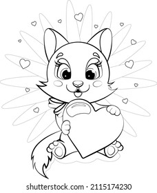 Coloring page. Cartoon cute and cheerful kitty sits and holds a heart