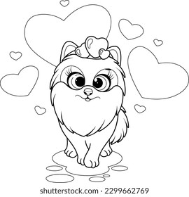 Coloring page. Cartoon cute dog, pomeranian spitz with hearts