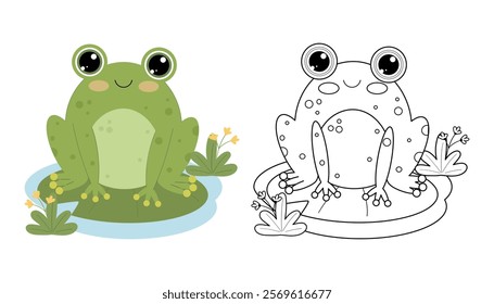 Coloring page of cartoon cute frog. Vector illustration of funny animal on a white background. Сhildren's coloring book with color example. Outline coloring page for kids.