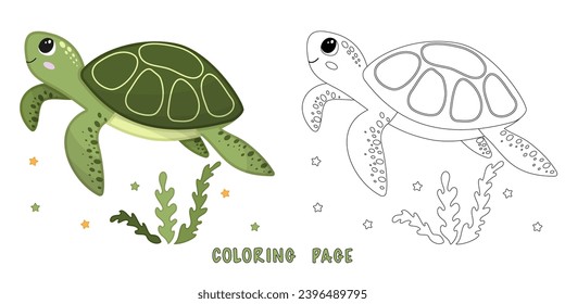 La página de color de la caricatura adorable tortuga feliz para el elemento de diseño. Ilustración vectorial de un divertido animal marino sobre un fondo blanco. С libro de colorear para niños con ejemplo de color.