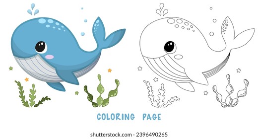 Coloring page of cartoon cute happy whale for design element. Vector illustration of funny sea animal on a white background. Сhildren's coloring book with color example.