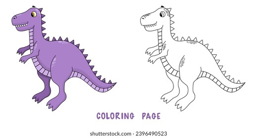 Coloring page of cartoon cute happy baby tyrannosaur for design element. Bright colorful children's illustration in cartoon style. Сhildren's coloring book with color example.