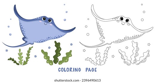 La página de color de la caricatura tierno y feliz gris para el elemento de diseño. Ilustración vectorial de un divertido animal marino sobre un fondo blanco. С libro de colorear para niños con ejemplo de color.