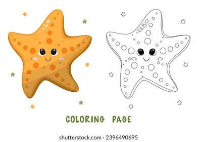 La página de color de la caricatura adorable estrella de mar feliz para el elemento de diseño. Ilustración vectorial de un divertido animal marino sobre un fondo blanco. С libro de colorear para niños con ejemplo de color.