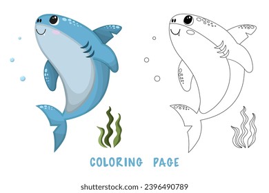 Coloring page of cartoon cute happy shark for design element. Vector illustration of funny sea animal on a white background. Сhildren's coloring book with color example.