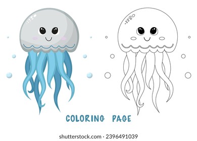 Coloring page of cartoon cute happy jellyfish for design element. Vector illustration of funny sea animal on a white background. Сhildren's coloring book with color example.