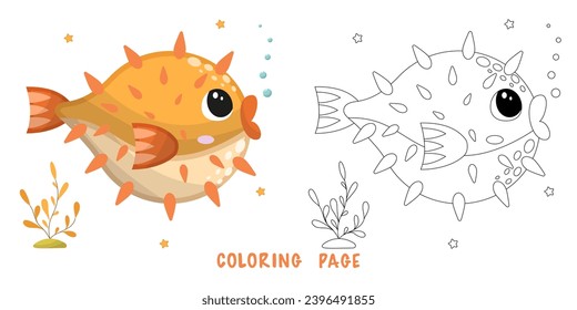 Coloring page of cartoon cute happy puffer fish for design element. Vector illustration of funny sea animal on a white background. Сhildren's coloring book with color example.