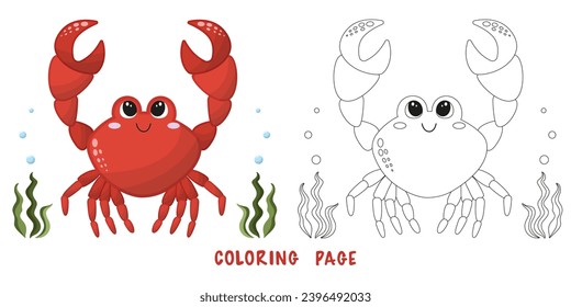 Coloring page of cartoon cute happy crab for design element. Vector illustration of funny sea animal on a white background. Сhildren's coloring book with color example.