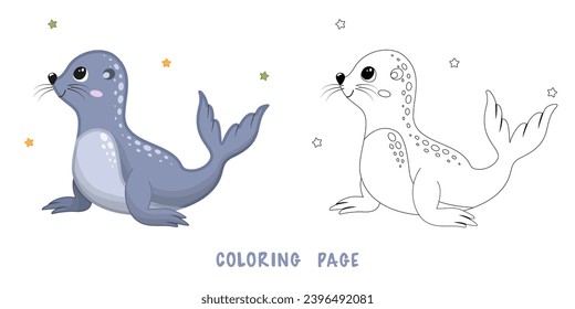 Coloring page of cartoon cute happy fur seal for design element. Vector illustration of funny sea animal on a white background. Сhildren's coloring book with color example.