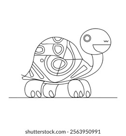 Coloring page of cartoon cute happy turtle for design element. Vector illustration of funny sea animal on a white background. Сhildren's coloring book with color example.
