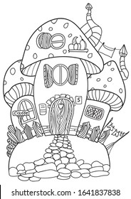 Coloring page. Cartoon cute mushroom illustration. Childish design for kids activity colouring book. Vector colorless picture. Freehand sketch