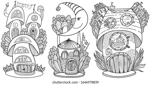 Coloring page. Cartoon cute mushroom illustration set. Childish design for kids activity colouring book about fantasy forest world. Vector illustration. Freehand sketch. Cute cats collection