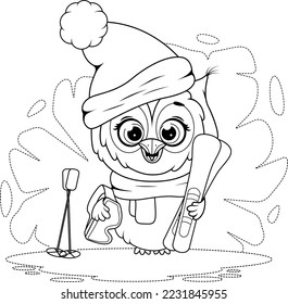 Coloring page. Cartoon cute owl with skis