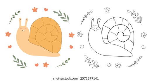 Coloring page of cartoon cute smiling snail. Funny insects. Vector illustration. Сhildren's coloring book with color example. Outline coloring page for kids.