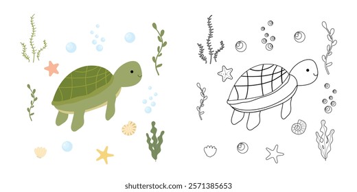 Coloring page of cartoon cute turtle. Sea character tortoise. Sea life, shells, seaweed. Underwater life. Сhildren's vector coloring book with color example. Outline coloring page for kids.