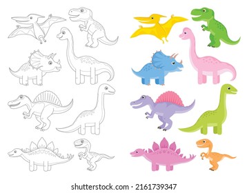 Farbseite von Cartoon-Dinosauriern. Outlined und farbig lustige Vektorgrafik. Einfache flache Stegosaurus, Brachiosaurus, Pteranodon, Velociraptor, Tyrannosaurus, Triceratops, Brontosaurus, Spinosaurus.