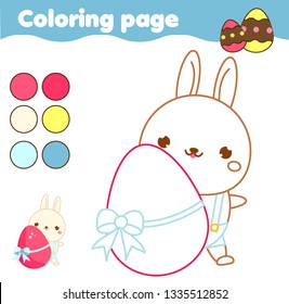 Coloring page with cartoon Easter bunny. Drawing kids activity. Printable fun for toddlers and children. Easter theme.