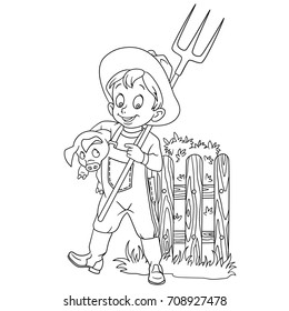 Coloring page of cartoon farmer with a pitchfork and a pig. Coloring book design for kids and children.