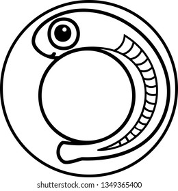 Coloring page with cartoon fish embryo inside the egg