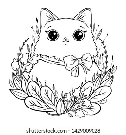 Coloring page with cartoon fluffy cat with flowers and bow. Coloring book for adults and children.