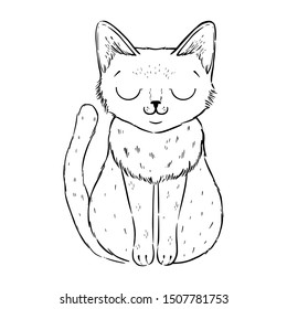 Coloring page with cartoon fluffy cat with roses. Siamese cat with closed eyes. Coloring book for adults and children.
