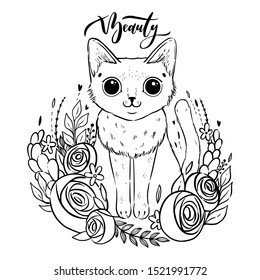Coloring page with cartoon fluffy cat with roses. Siamese cat with open eyes and flowers. Coloring book for adults and children.