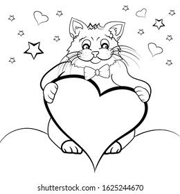 Coloring page with cartoon fluffy cat with heart. Outline cat with heart colouring book for adults and children.Black and white drawing illustration. Vector illustration template