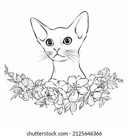 Coloring page with cartoon fluffy cat with flowers and bow. Cat with closed eyes. Coloring book for adults and children.